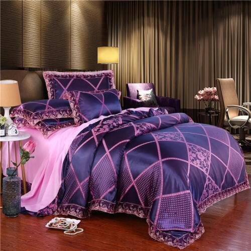 Lace Bedding Sets Satin Jacquard Bed Set European Style Bedding Love of Blue Pink Bed Linen Double Bed Rounded Sheet Pillowcases