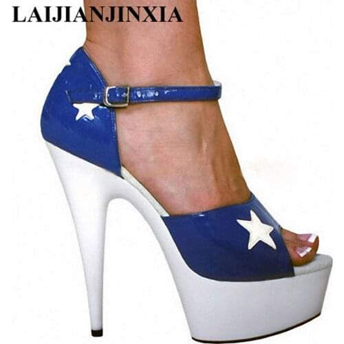 LAIJIANJINXIA 2018 Woman Summer Ultra-high Heels 15cm Sandals Blue Womens Shoes Banquet Thick Models Dance Shoes