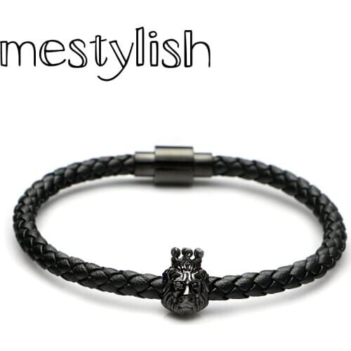 Mestylish Lion Crown Charm Bracelet Braided Genuine Leather King Lion Bracelet Stainless Steel Megnetic Clasp Men Bangles