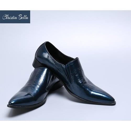 Christia Bella Fashion Genuine Leather Men Business Shoes British Style Plus Size Slip on Metal Pointed Toe Formal Dress Shoes