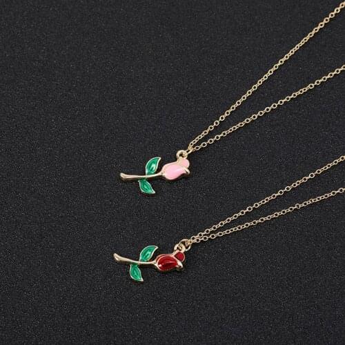 Cartoon Colorful Crimson or Pink Colors Rose Flower Branch with Green Leaf Pendant Chain Necklaces for Women Graduation jewelry