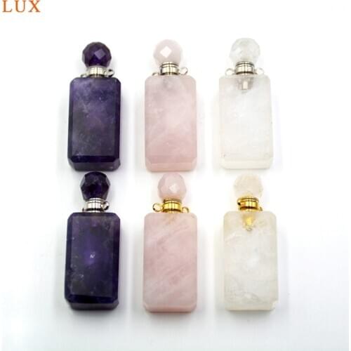 Natural gems Perfume Bottle Pendant rectange Essential Oil Diffuser Necklace vial Chakra rose quartz crystal Charm for women