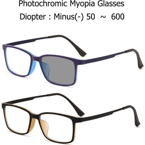 Color Change Finished Myopia Glasses Photochromic Unisex TR90 Rectangular Eyewear Frame Nearsighted Spectacle TR90 Titanium