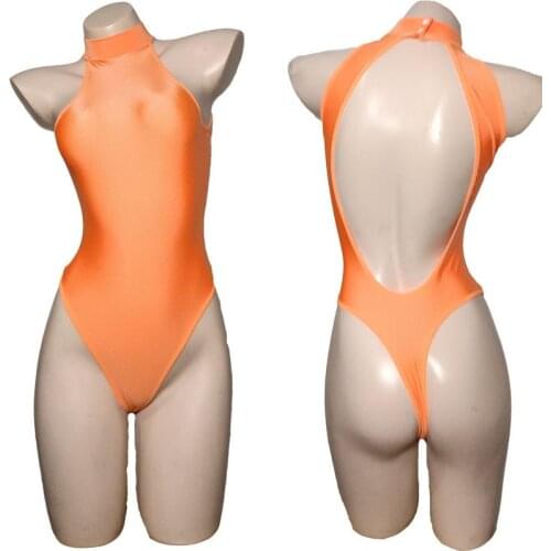 Orange Women Bodycon Open Back One Piece Bodysuit Swimsuit Monokini High Cut Thong Leotard Teddies Rave Dance Wear