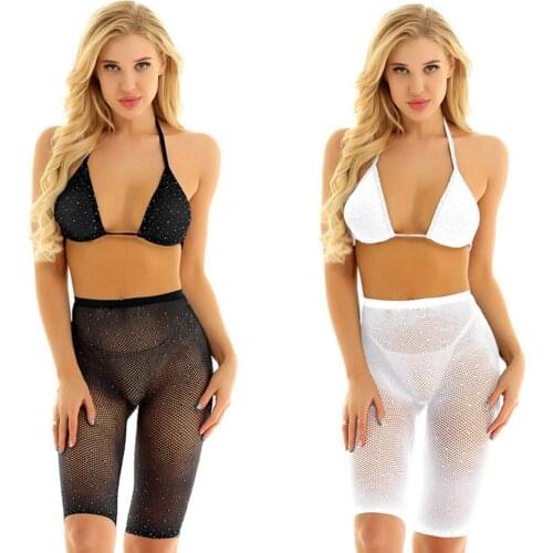 Sexy Women Shiny Rhinestone Sheer Mesh Bikini Suit Glitter Halter Bra Top with Long See Through Shorts Lingerie Set Beach Wear