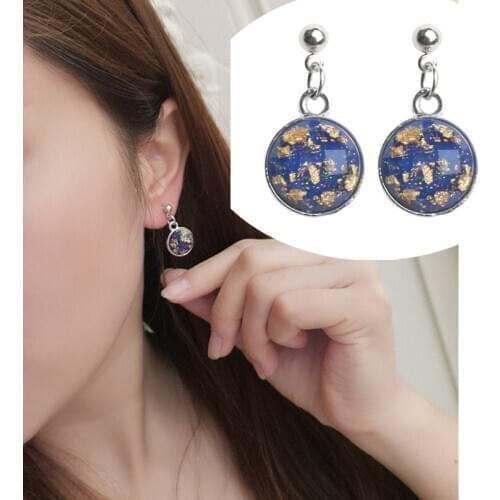 Popular Silver Alloy Hand Blown Venetian Murano Glass Golden Stardust Blue Sky Dangle Earrings