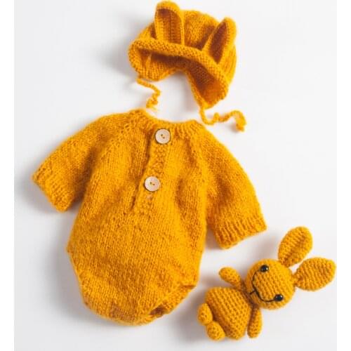 Newborn Baby Photography Props Yellow Baby Hat +Jumpsuit+Doll Photo Shooting Set Rabbit Costume Set 0~2 Months