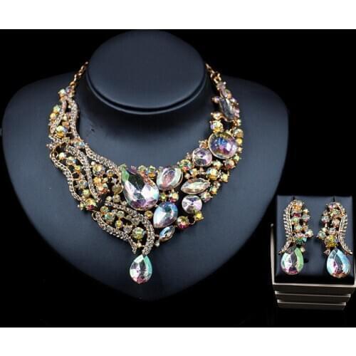 Luxury Vintage Jewelry Set Necklace Earrings Maxi Women Big Pendent CHEAP Statement Collares F1024 with Rhinestones 6 Colors