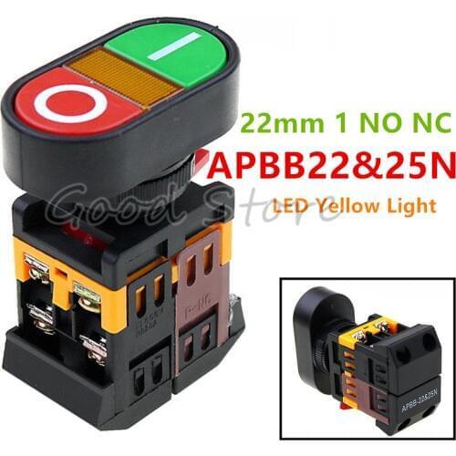220V AC LED Yellow Light ON/OFF START STOP Momentary Push Button Switch 22mm 1 NO NC APBB-22N