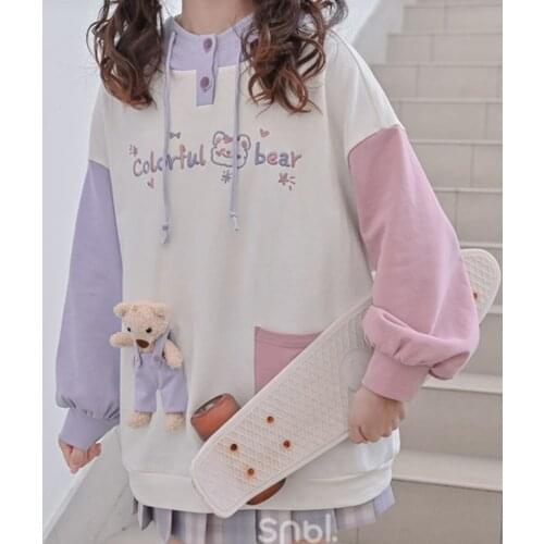 Kawaii Y2k Cartoon Embroidered Hoodie Korean Sweet Oversized Long Sleeve Sweatshirt Preppy Style Patchwork Women Clothing Tops