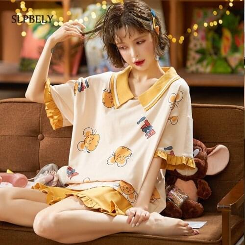 SLPBELY Womens Pajamas Pyjamas Set Summer Cartoon Mouse Short Sleeve Ladies Pijama Homewear Cute Sleepwear Loungewear Nightwear