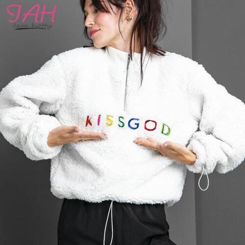 IAMHOTTY Letter Embroidery Faux Fur Hoody Ladies Korean Harajuku Tie-Up Hoodies-Women Zipper Turtleneck Fluffy Crop Sweatshirts