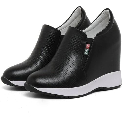 10cm High Heel Fashion Sneakers Women Breathable Genuine Leather Wedges Ankle Boots Female Round Toe Platform Pumps Casual Shoes