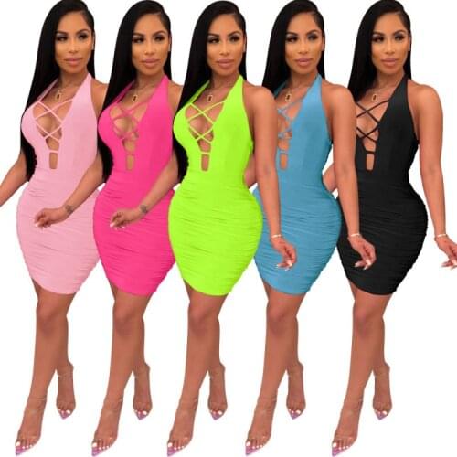 Dresses summer 2021 Womens Clothing Nightclub Sexy Dress Women Halter Neck Open Back Solid Color Pleated Simple Bandage Dress