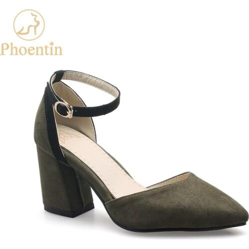 Phoentin ankle strap high heels autumn flock women big size shoes 2019 new pumps for women pointed toe ladies shoes green FT659