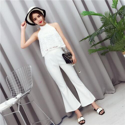 Sexy Women Lace Halter Shirts+Long Pants Sets Backless Sleeveless Solid Tops Flared Trousers Set Woman Casual Clothing Suits