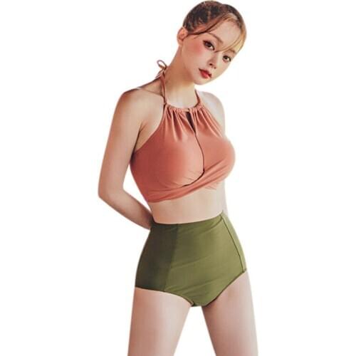 Women Sexy Sweet Solid Color Simple High Waist Halter Cross Strap Bandage Split Bikini Set Swimsuit