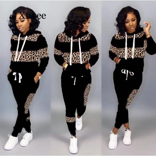 2 Piece Set Women Tracksuit Fashion Leopard Pathwork Hoodies And Long Pant Autumn Casual Ladies Two Pieces Set Jogging Suits