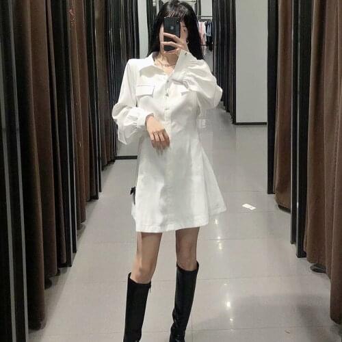 2021 Womens Fashion Sexy Tooling Style Mini Dress White Lapel Lantern Sleeve Single Row Buttons Shirring Receive Dress