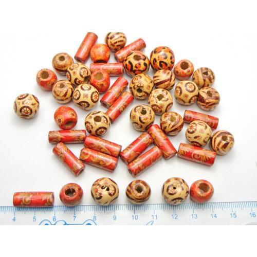 100 Assorted Patterned Round Column Tube Wood Beads~Wooden Beads