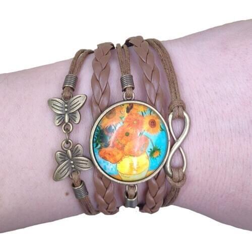 2021 Retro Sunflower Starry Sky Van Gogh Famous Paintings Multilayer Ancient Leather Bracelet Punk Time Gem Lady AT085-108