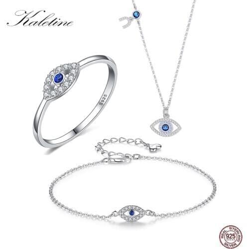 KALETINE Evil Eye Bracelet Ring 925 Sterling Silver Jewelry Sets Blue Stone Necklace Sets Lucky Turkey Jewelry 3 Piece Set Women