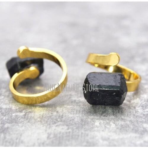 5Pcs RM20470 Copper Jewelry Adjustable Plated Black Gold Copper Ring Gold Plated Black Tourmaline Free Form Ring