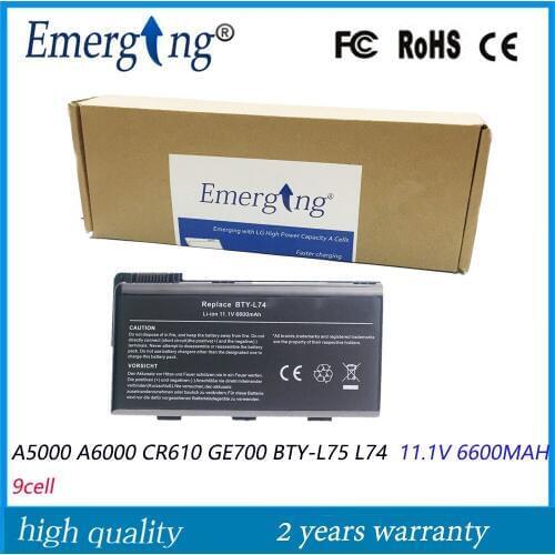 9Cell 11.1V 6600Mah New Laptop Battery For MSI A5000 A6000 CR610 GE700 BTY-L75 L74 BTY-L74