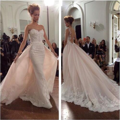 Arabian Design Strapless Appliqued Beaded A Line Wedding Dresses with Train illusion Sweetheart Neckline Sexy Back