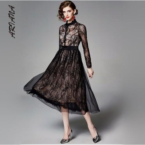 ARIANA 2021 Autumn Elelant New Long-sleeved Lace Edge High Waist Dress Slim Casual Lady Dresses