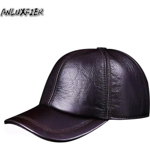 B-9482 Mens Genuine Leather Hat Winter Warm Baseball Cap Male Leather Ear Protection Cap Mens Business Top-grade Hat