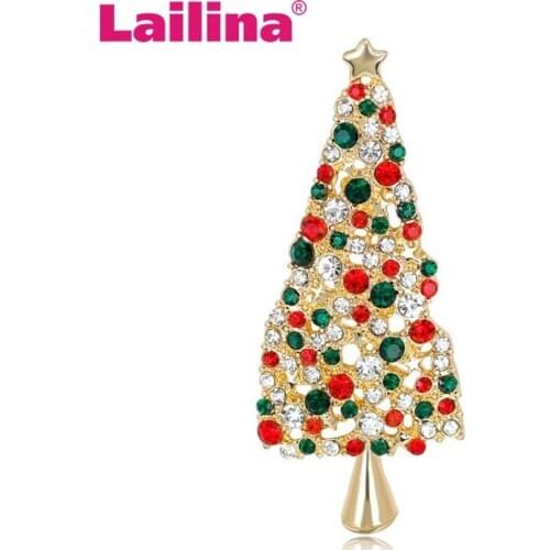 Colorful Christmas Tree Brooches New Beautiful Crystal Gold Color Brooch Pin Jewelry For Xmas Gift