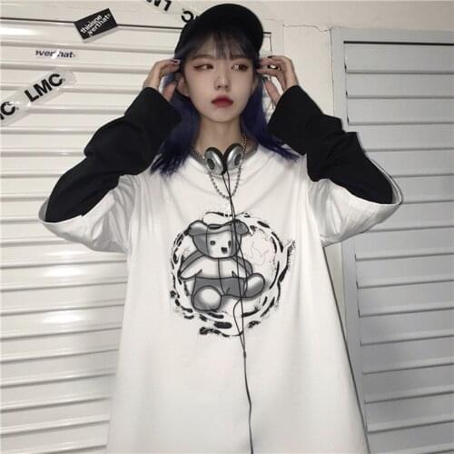 Korean Kpop Cartoon Graphic Aesthetic Clothes Blue Long Sleeve T-Shirt Woman Couple Emo Urban Top Goth 90s Tee Grunge Clothes