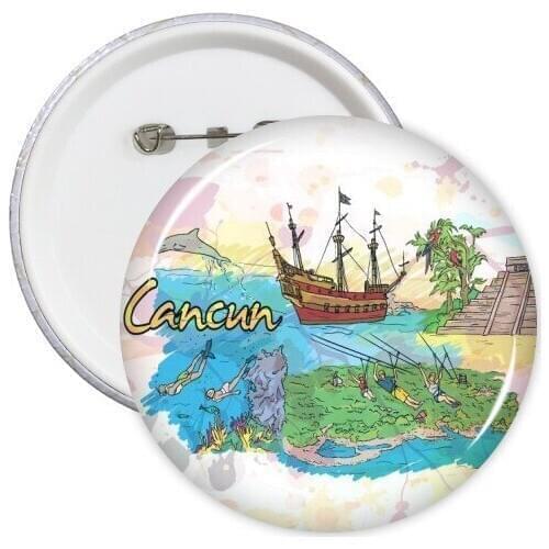 City Cancun Mexico Island Mayan Temple Watercolor Round Pins Badge Button Clothing Decoration Gift 5pcs