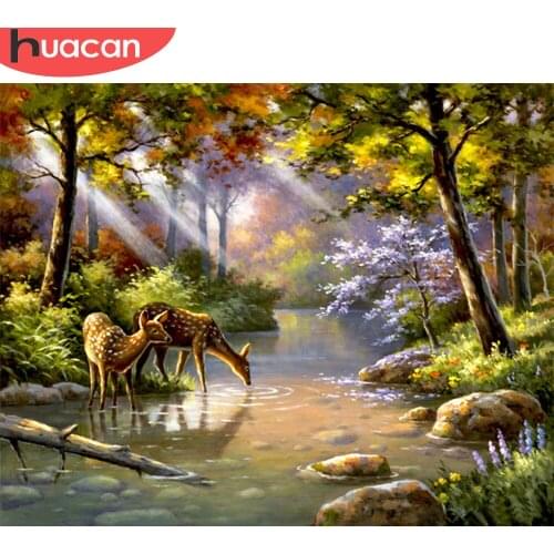 HUACAN Coloring By Number Forest Scenery For Adults Picture By Numbers Lake Acrylic Paint On Canvas DIY Frame Home Decoration
