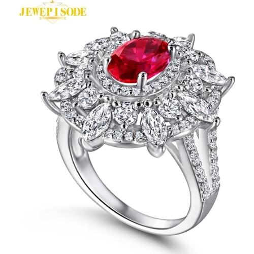 Jewepisode Vintage Flower Solid Silver 925 Fine Jewelry Wedding Engagement Rings for Women Ruby Diamond Gemstone Ring Wholesale