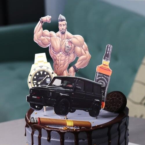 Handsome Muscle Fitness Man Wine Watch Car Rich Theme Cake Topper Dad Happy Birthday Cake Decoration Fathers Day Gift