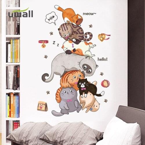 Cartoon Cute Cats Stacked High Wall Stickers For Kids Room Self-adhesive Baby Bedroom Decor Wall Decoration Home Decor Sticker