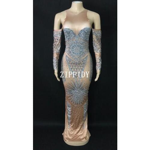 Fashion Sparkly Rhinestone Long Dress Sexy Silver Crystals women Costume Evening Celebrate Dress Wear Luxurious Outfit