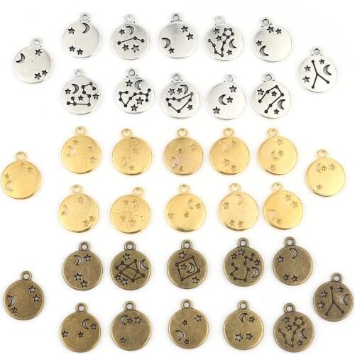 Fashion Metal Charms Round Antique Bronze Color Constellation Pendants DIY Making Earrings Jewelry 17mm x 14mm,1Set (12PCs/Set)