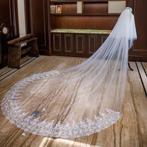New 4M White Ivory Cathedral Wedding Veils Long Lace Edge Bridal Veil With Comb Wedding Accessories Bride Mantilla Hot Veil