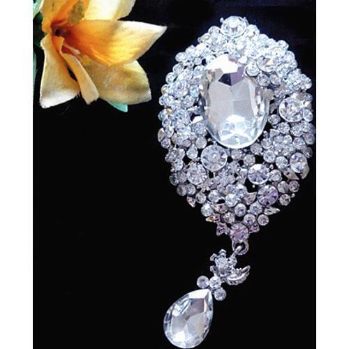 New! Silver Plated Huge Waterdrop Crystal Pendent Wedding Bouquet Brooch