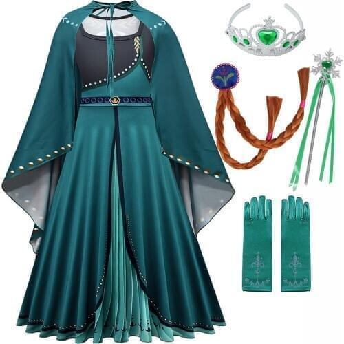 Dark Green Queen Anna Princess Dress with Cape Clothing Set for Girls Winter Christmas Party Gowns Snow Queen Coronation Cosplay