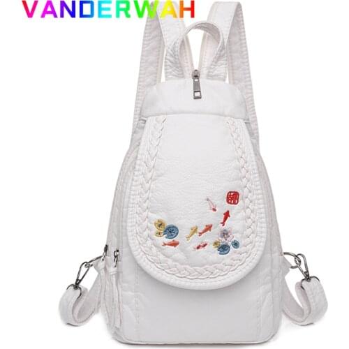 White Soft Leather Backpack Women Fashion Embroidery Backack Ladies Travel Chest Bag Mochila School Bags for Girls Rucksacks Sac