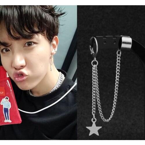 Y166 Stainless Steel Ear Cuffs Dangle Chain Earrings Cross Star Pendant Ring Hoop Set