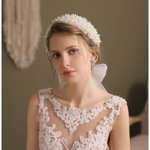 Wedding Accessories White Pearls Handmade Hair Hoop Headdress with Soft Tulle Bowknot for Travel Studio Photos Perform Prop O586