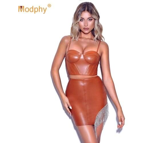Pu Leather Women 2 Piece Set Sexy Vest Top & Diamond Fringed High Waist Skirt Suit Club Party 2021 Fashion New Female Clothing