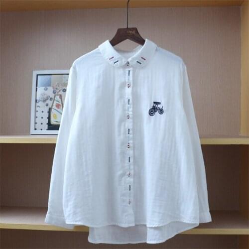 Japan Style Mori Girl Literary Peter Pan Collar Embroidery Double Cotton Yarn Long Sleeve White Shirt Women