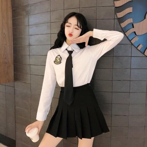 Female Shirt Tie College Wind big size Korean Students 2021 Spring Long-sleeved White Shirt School Skirt Uniform College