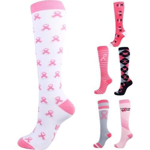 Women Men AIDS Logo Awareness Compression Socks Pink Ribbon Printed Knee High Soft Sport Running Tube Stockings Hosiery